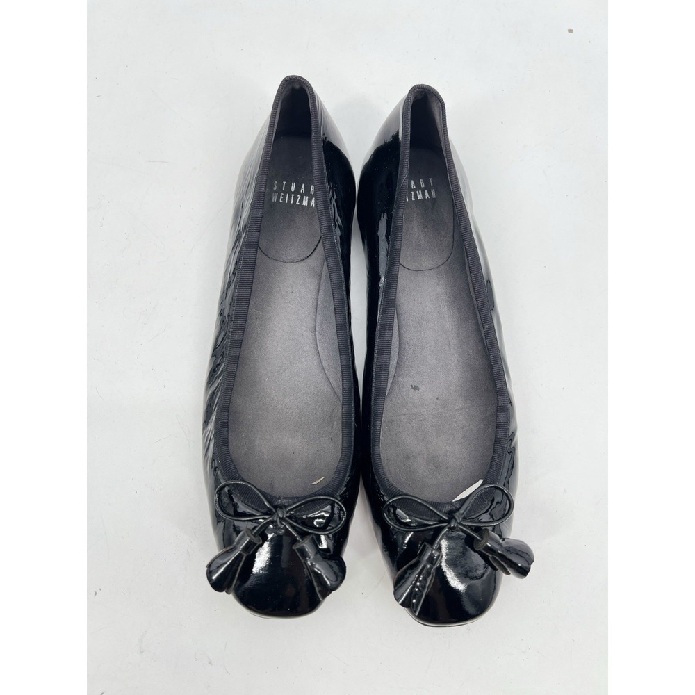 Stuart Weitzman Tulip Bow Black Ballet Flat Patent Leather‎ Square Toe 7.5